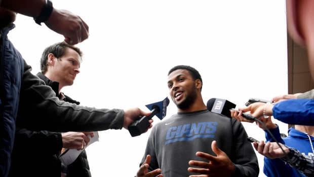 May 4, 2019; East Rutherford, NJ, USA; New York Giants cornerback Julian Love (37) speaks to the media during rookie minicamp at Quest Diagnostics Training Center.